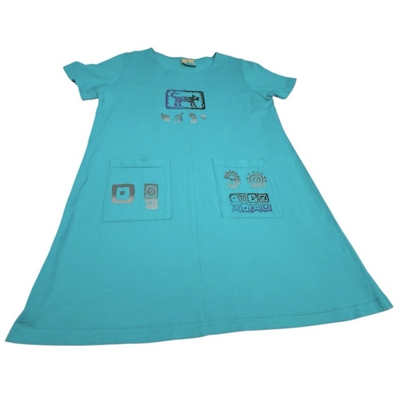 VTG BLUE CACTUS Turquoise Short Sleeve Artsy Boho Cotton Dress Women's Size XL - Picture 11 of 16